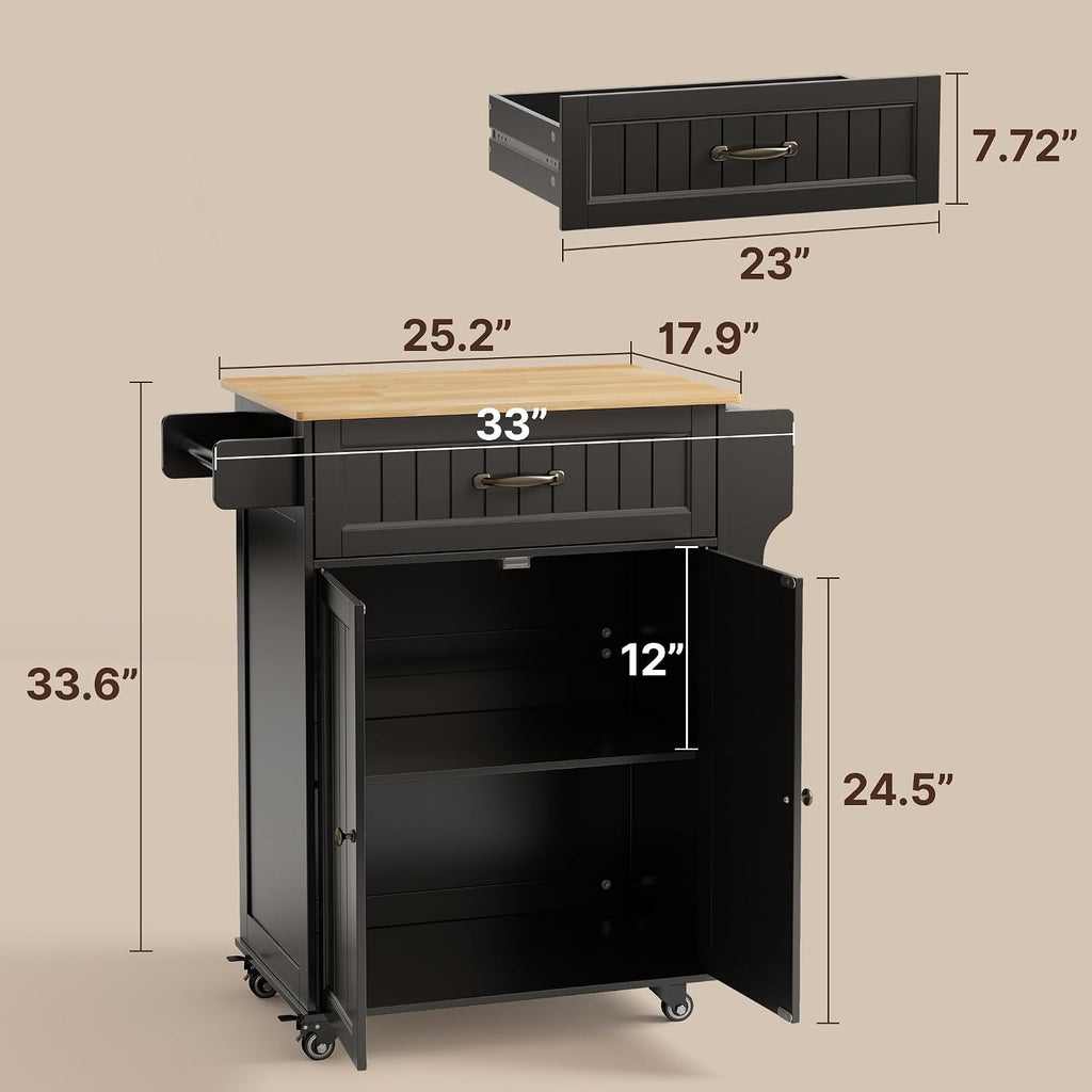 Black Rubberwood‑Top Kitchen Island Cart
