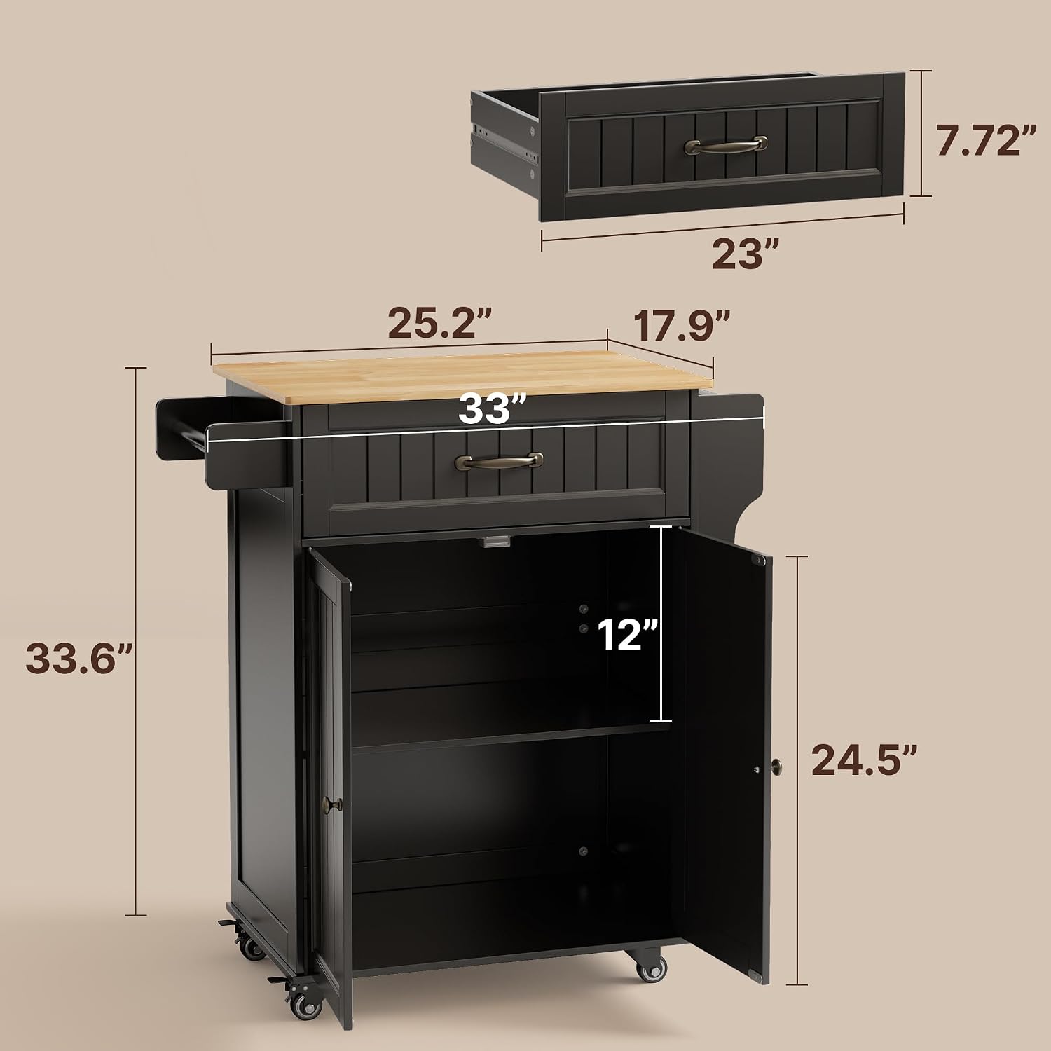 Black Rubberwood‑Top Kitchen Island Cart