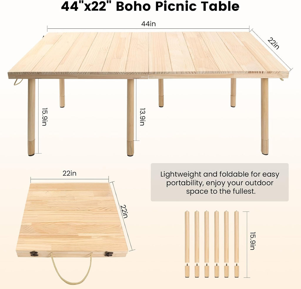 Boho Foldable Low Wooden Picnic Table