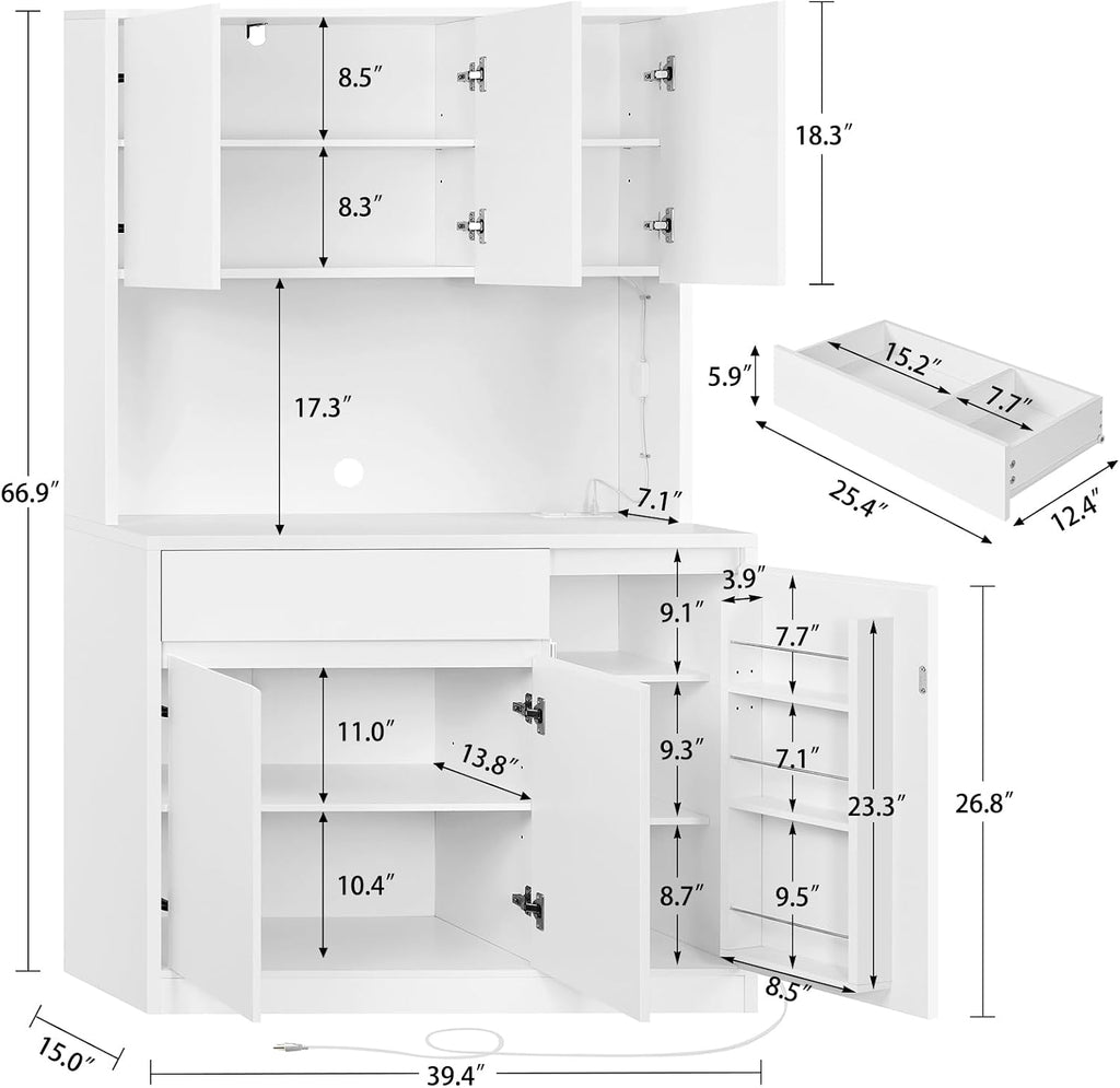 White LED Kitchen Pantry Hutch Cabinet