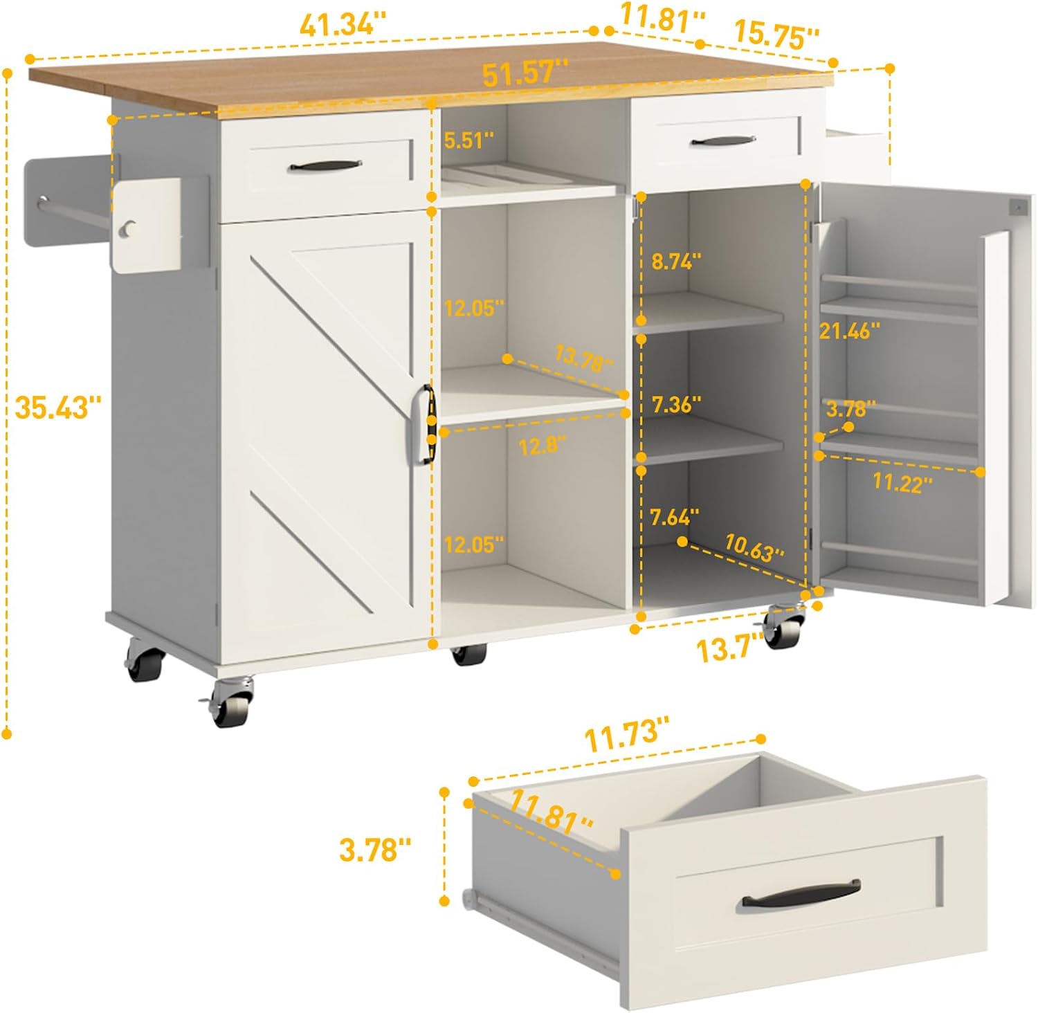 White Farmhouse Rolling Kitchen Island Cart