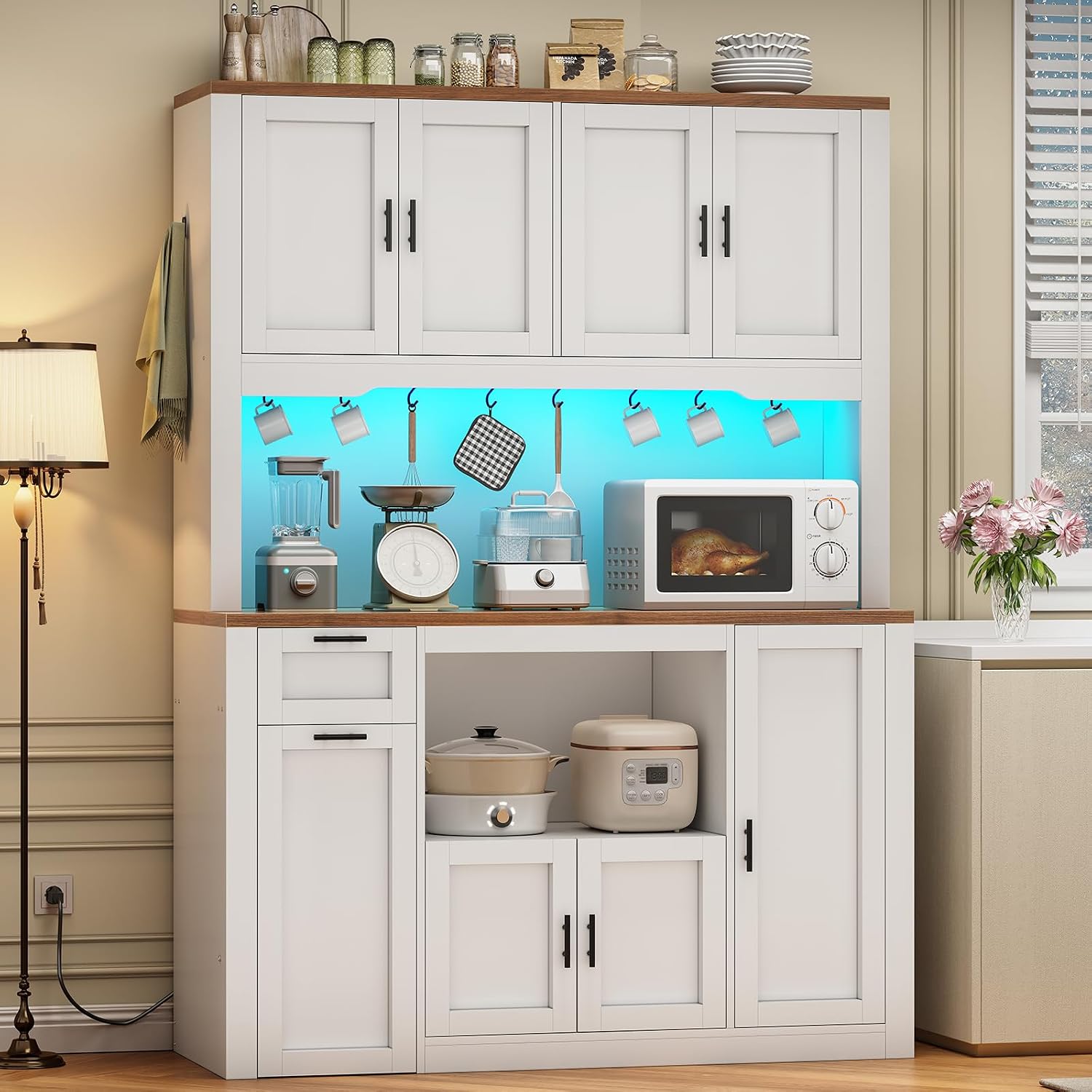 White LED Kitchen Pantry Hutch Cabinet