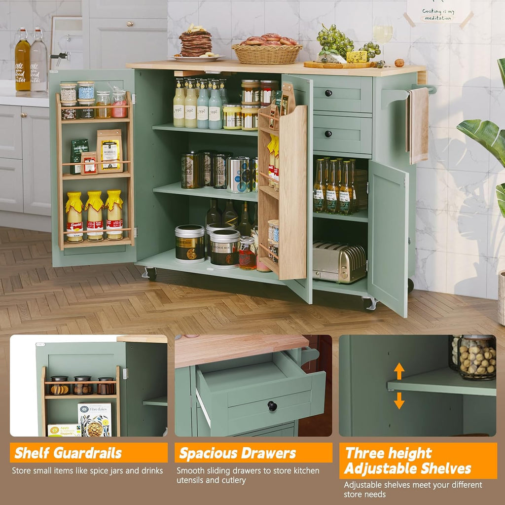 Sage Green Rolling Kitchen Island Cart