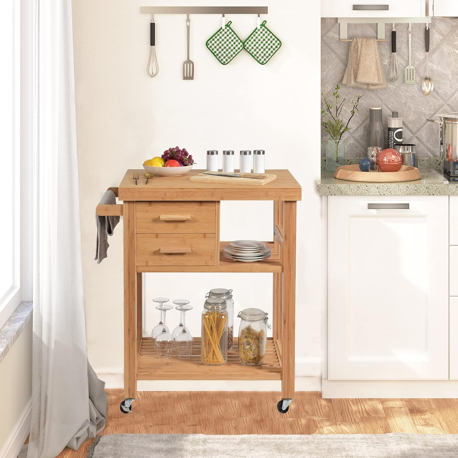 Bamboo Rolling Kitchen Island Cart