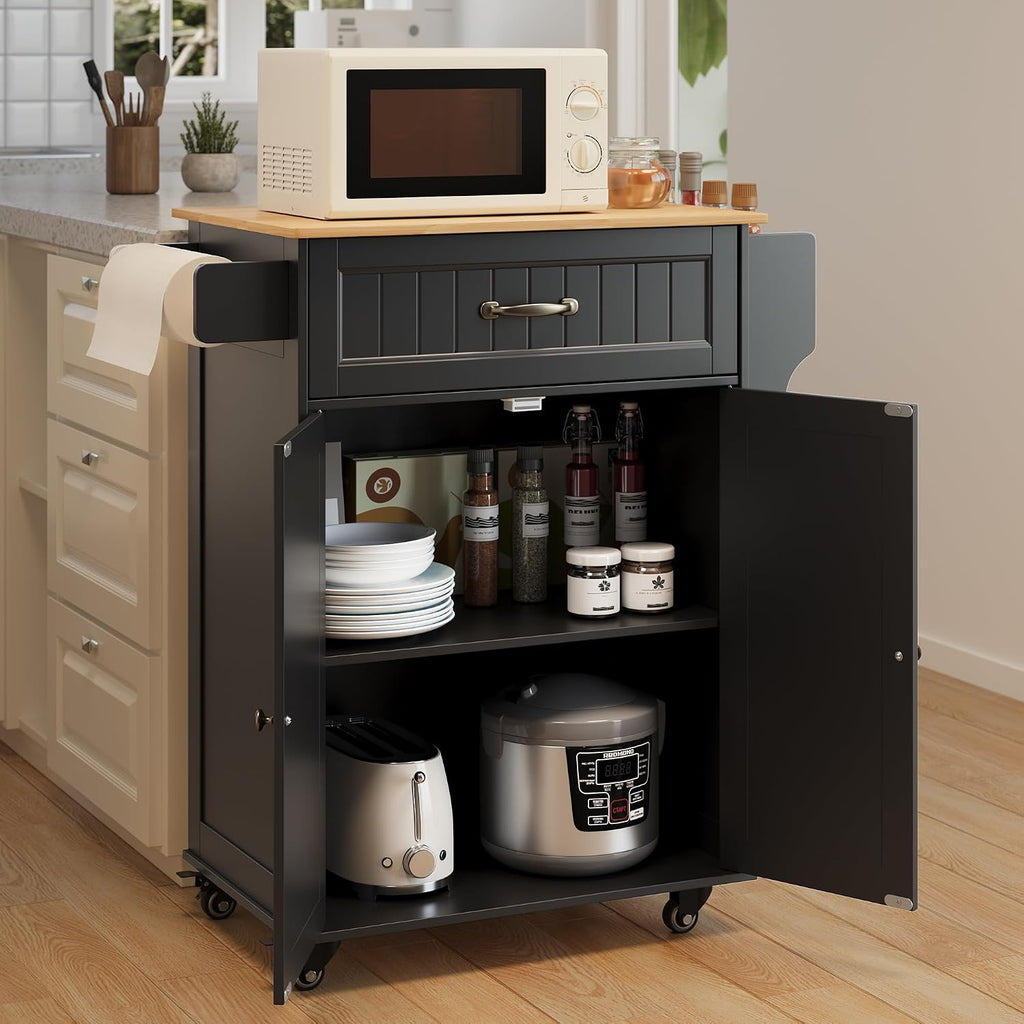 Black Rubberwood‑Top Kitchen Island Cart
