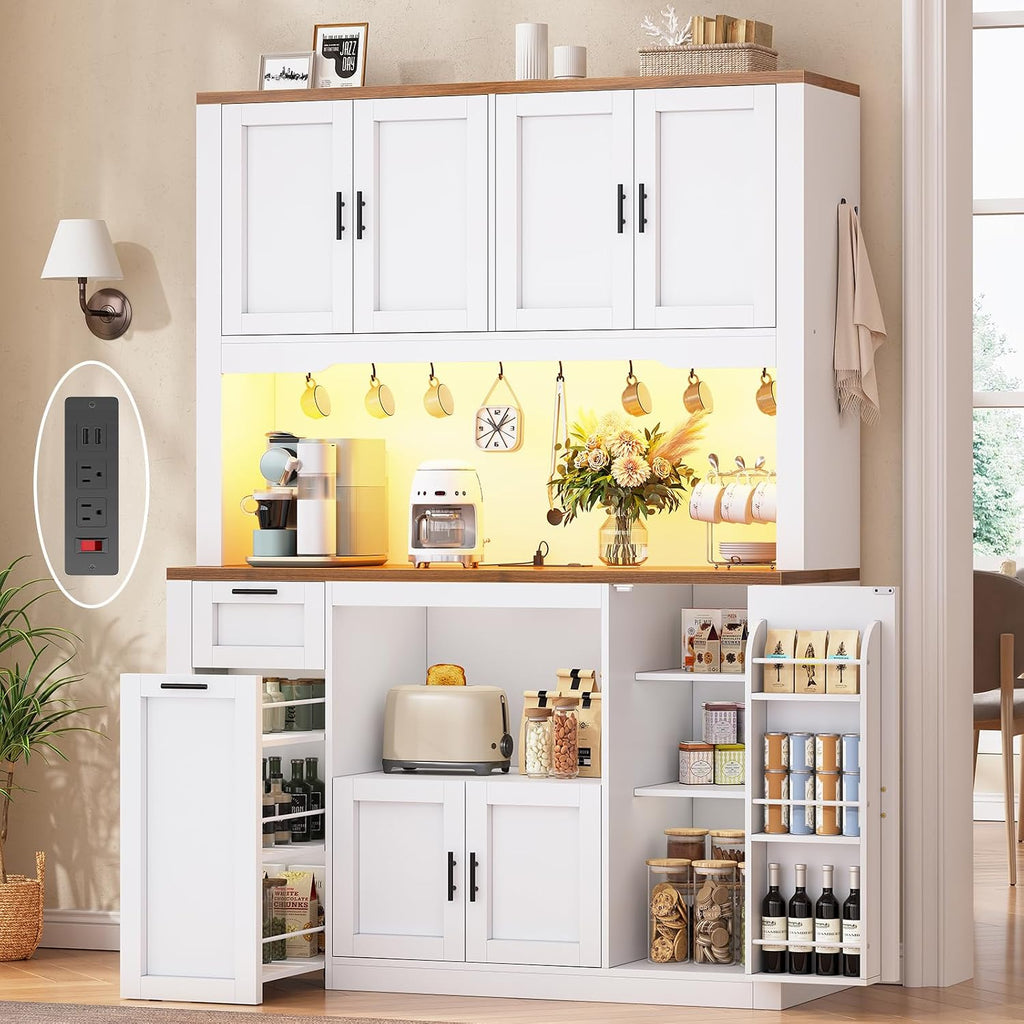 White LED Kitchen Pantry Hutch Cabinet