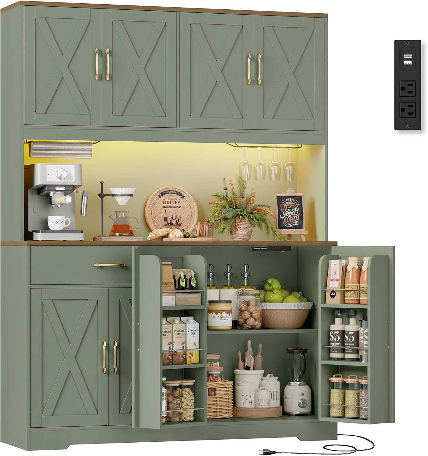 Green Farmhouse LED Kitchen Pantry Hutch