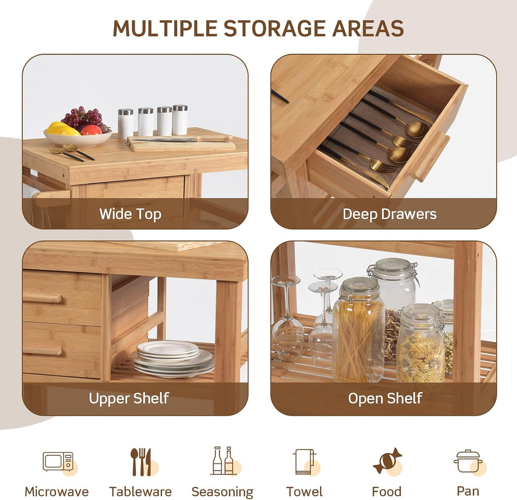 Bamboo Rolling Kitchen Island Cart