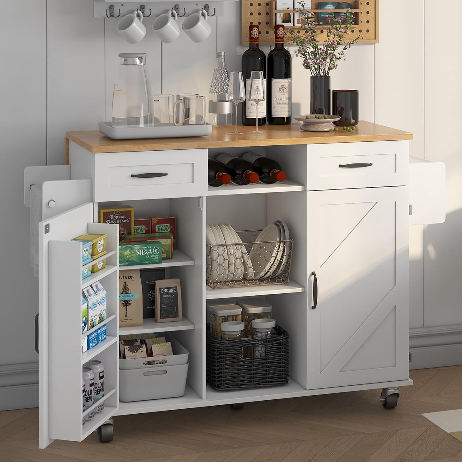 White Farmhouse Rolling Kitchen Island Cart