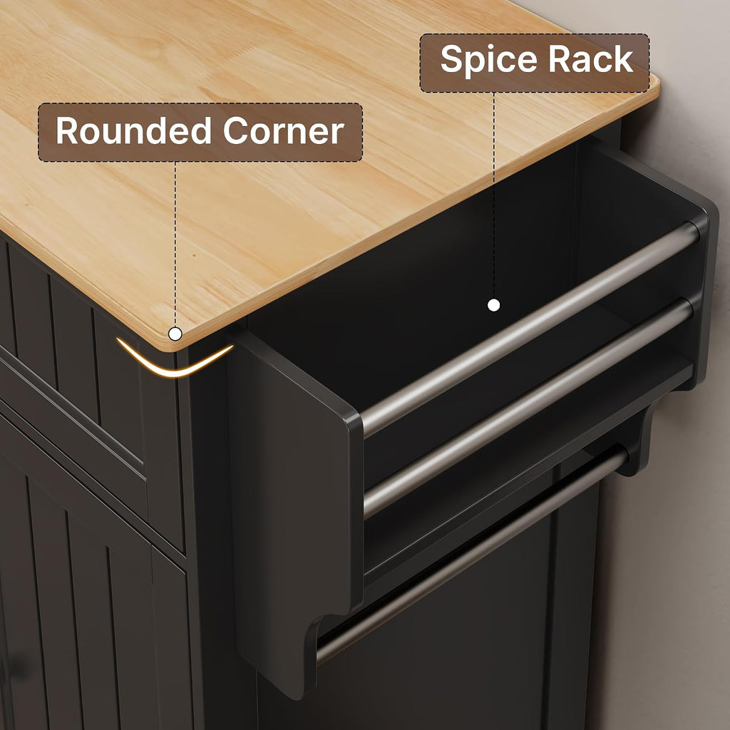 Black Rubberwood‑Top Kitchen Island Cart