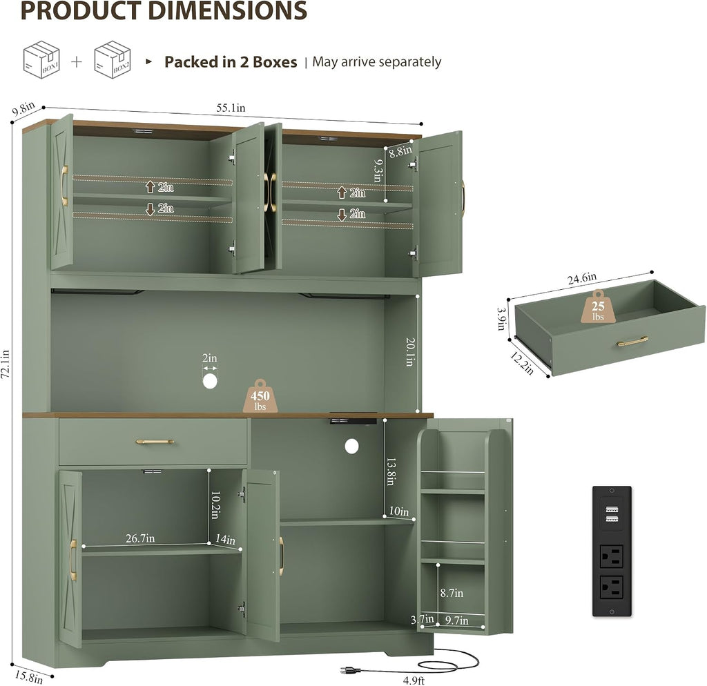 Green Farmhouse LED Kitchen Pantry Hutch
