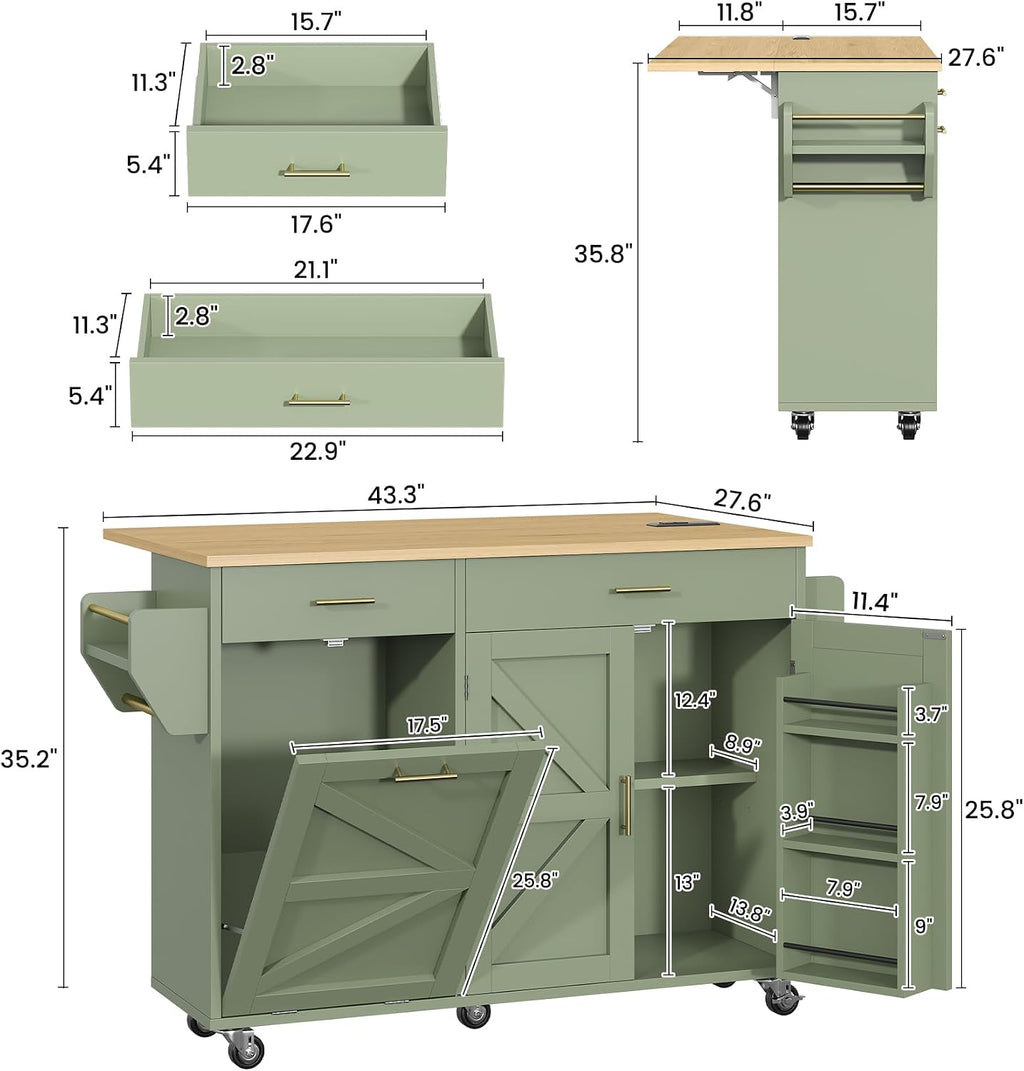 Rolling Kitchen Island Cart with Trash Storage