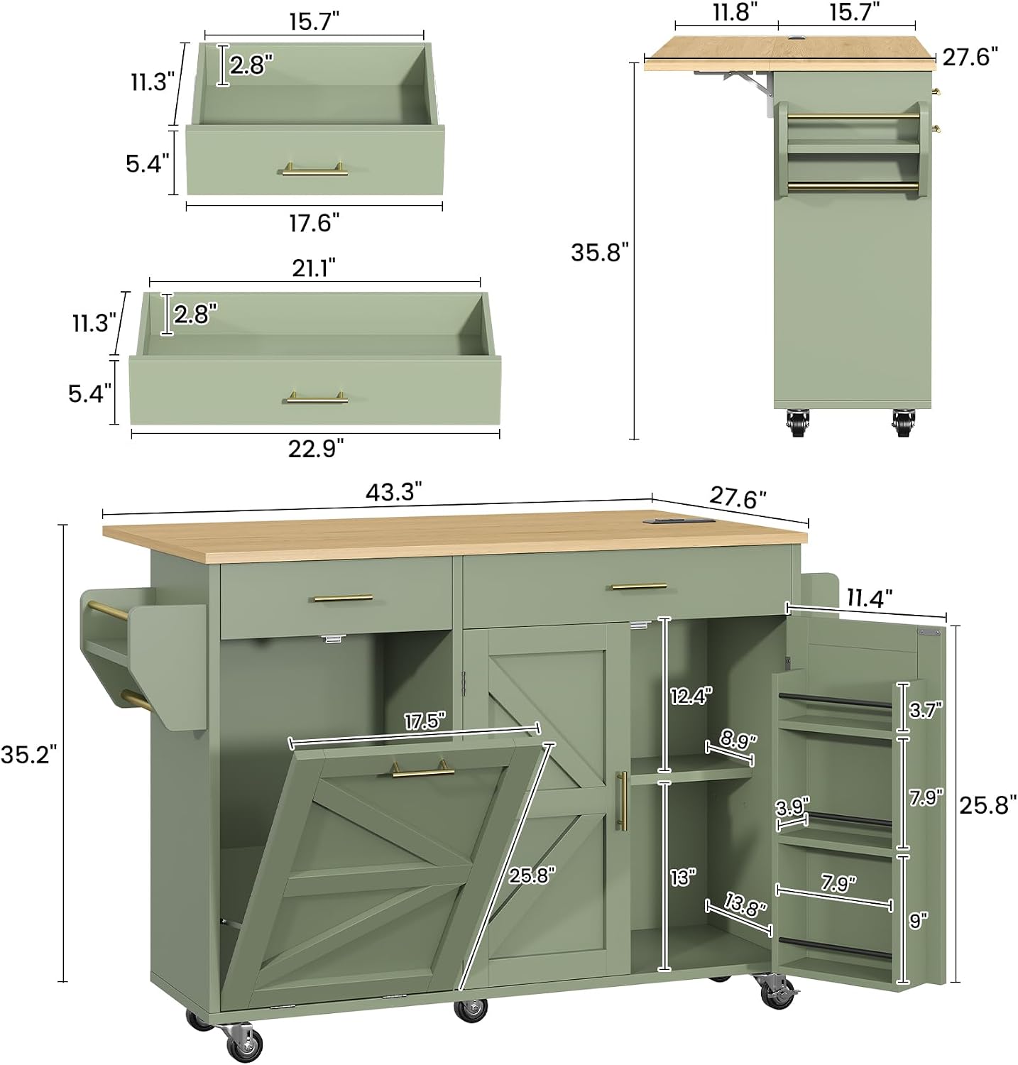 Rolling Kitchen Island Cart with Trash Storage