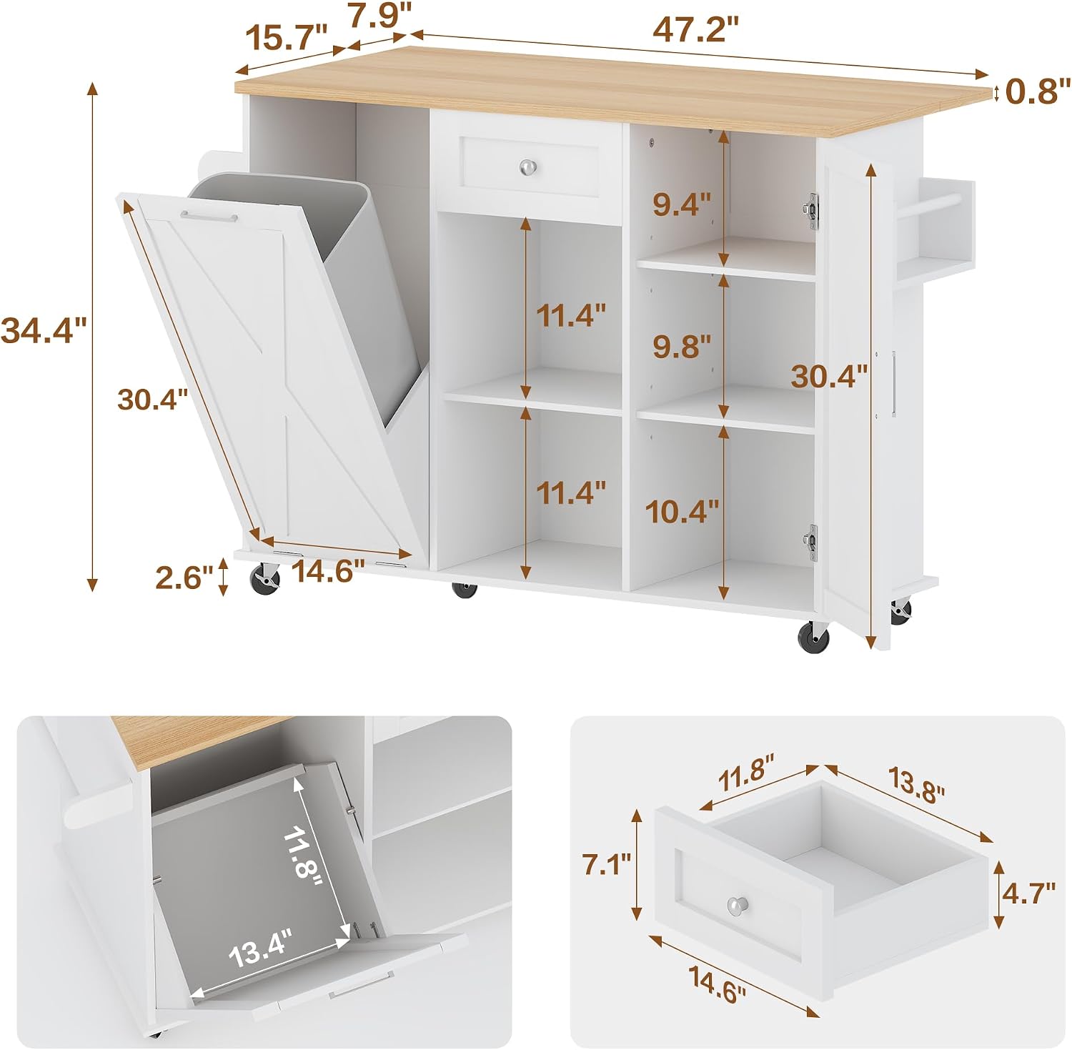 Rolling Kitchen Island Cart with Trash Storage