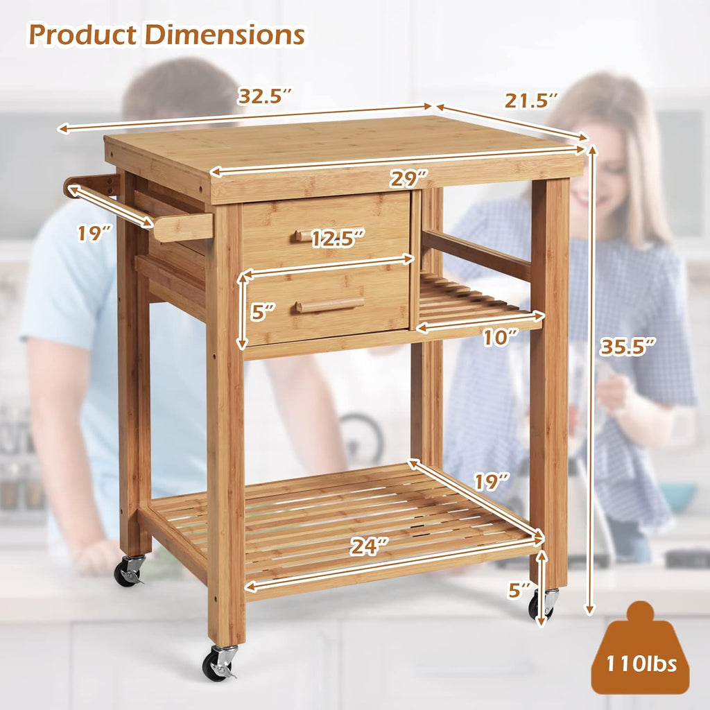 Bamboo Rolling Kitchen Island Cart