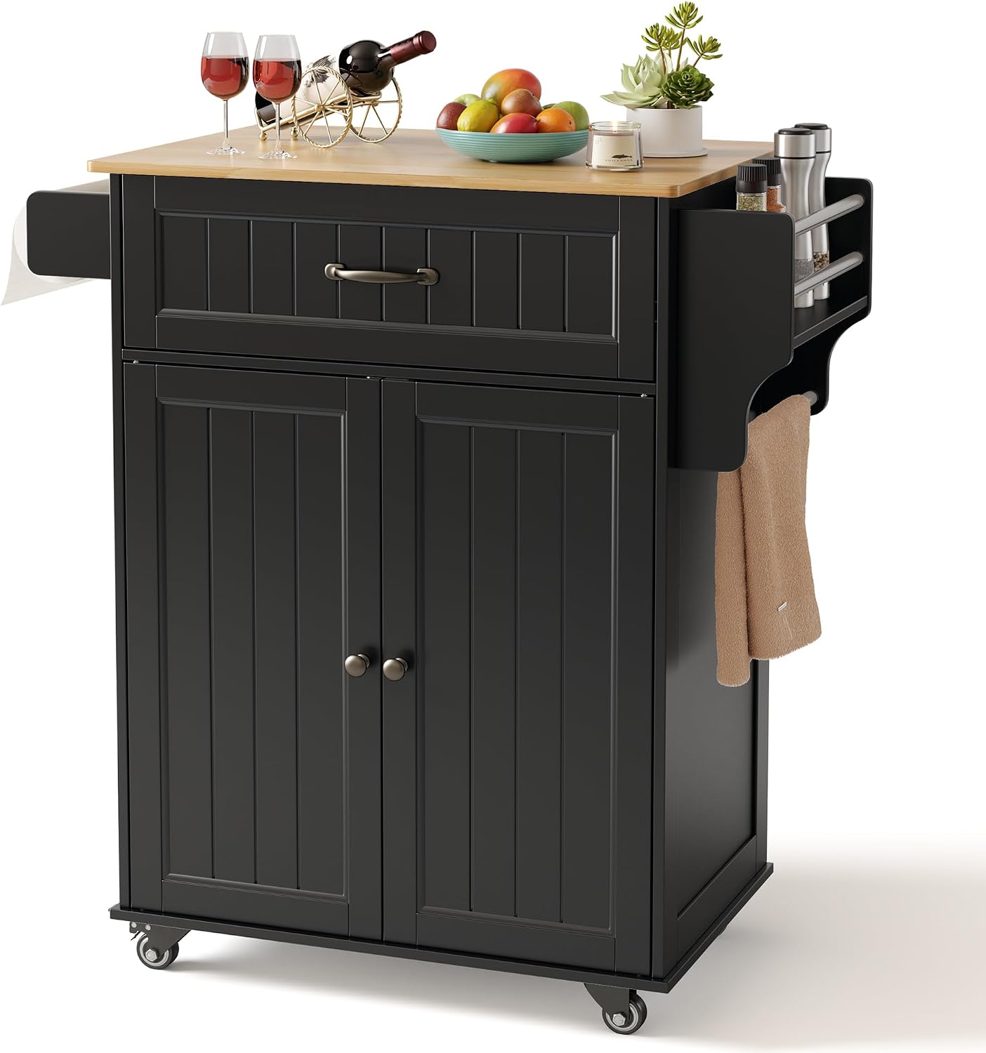 Black Rubberwood‑Top Kitchen Island Cart