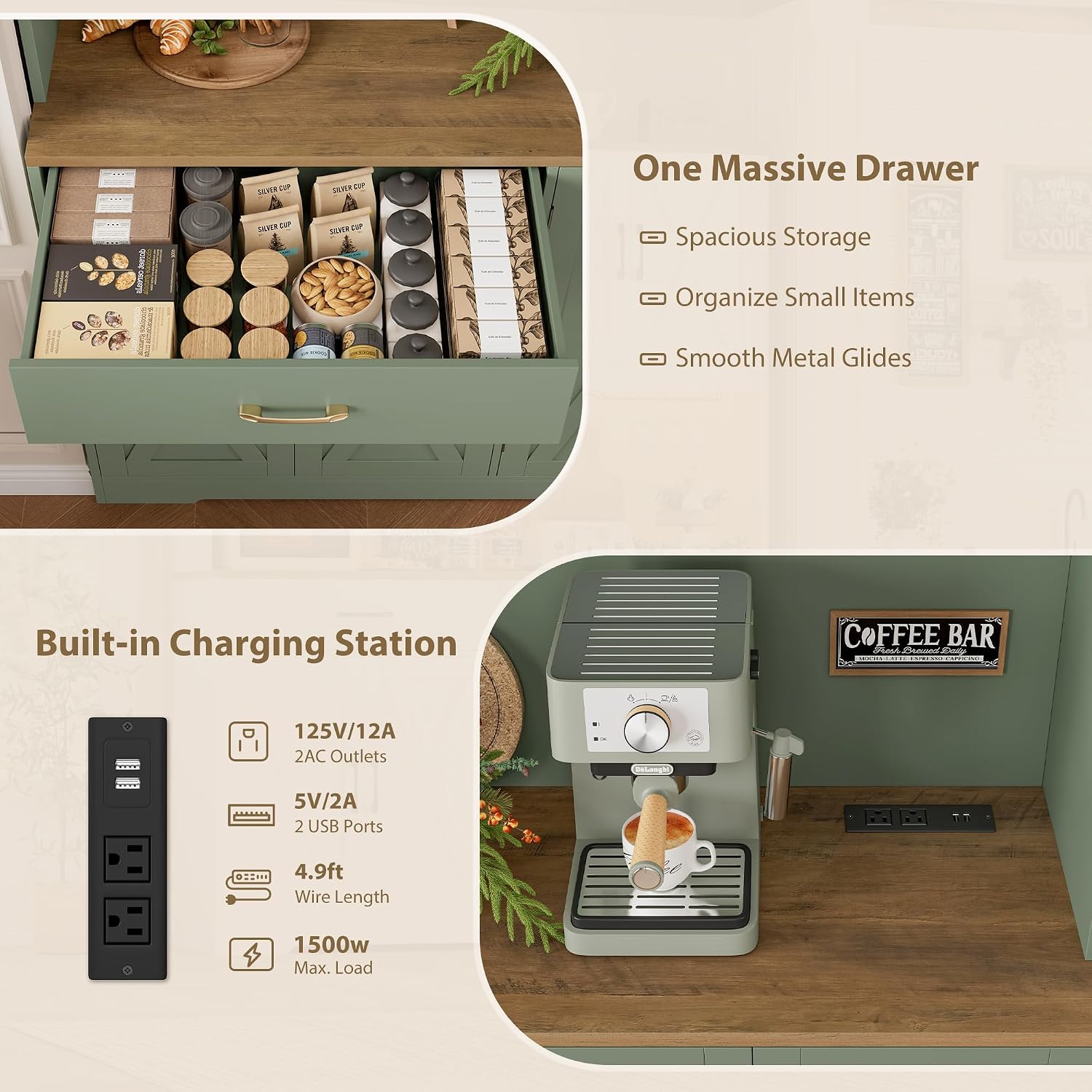 Green Farmhouse LED Kitchen Pantry Hutch
