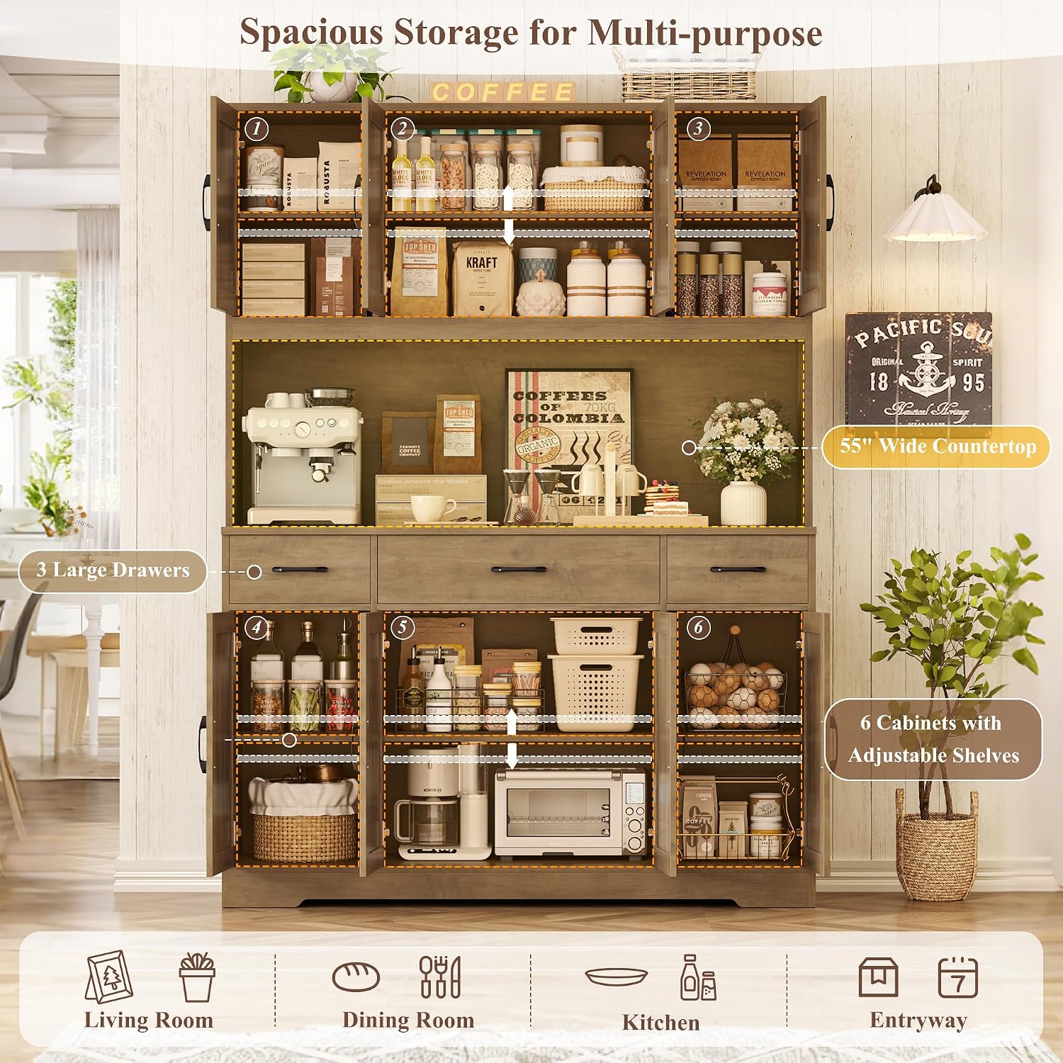 Brown Farmhouse Kitchen Pantry Hutch