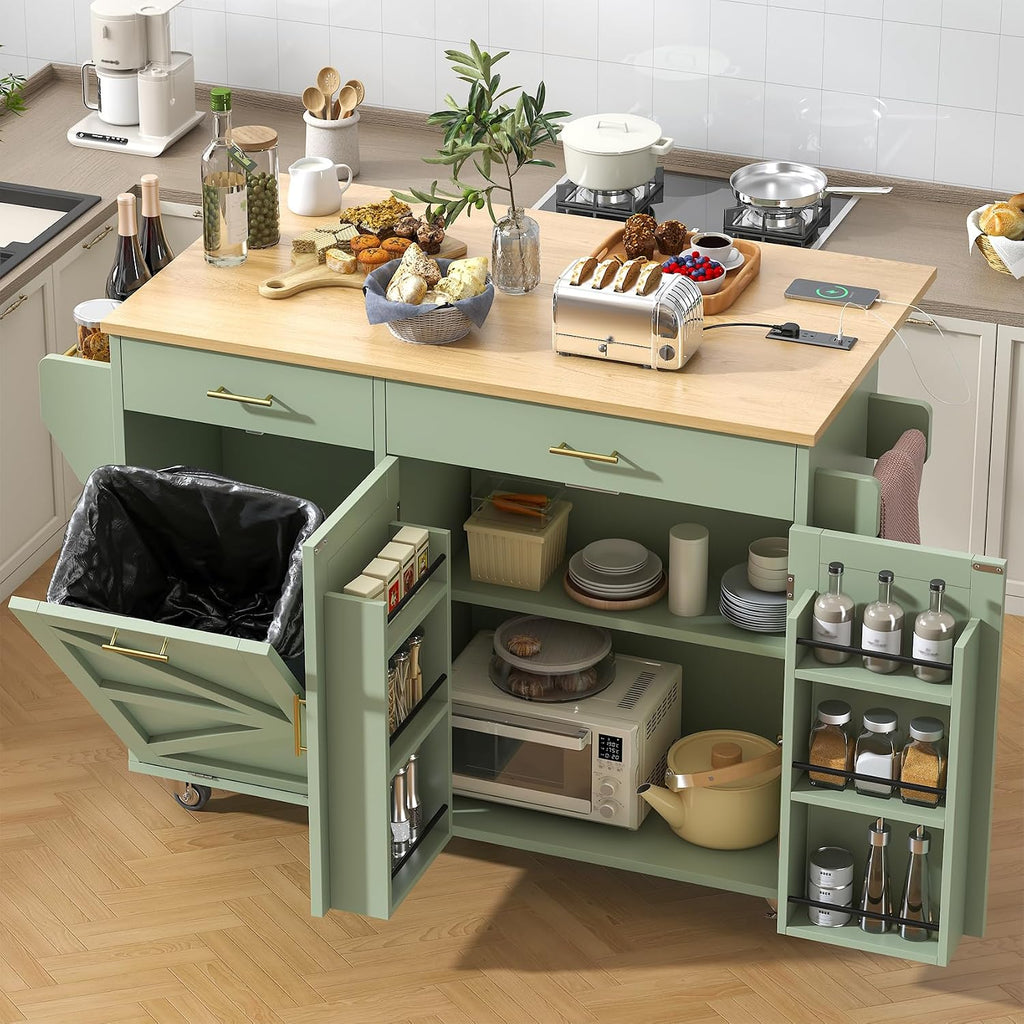 Rolling Kitchen Island Cart with Trash Storage