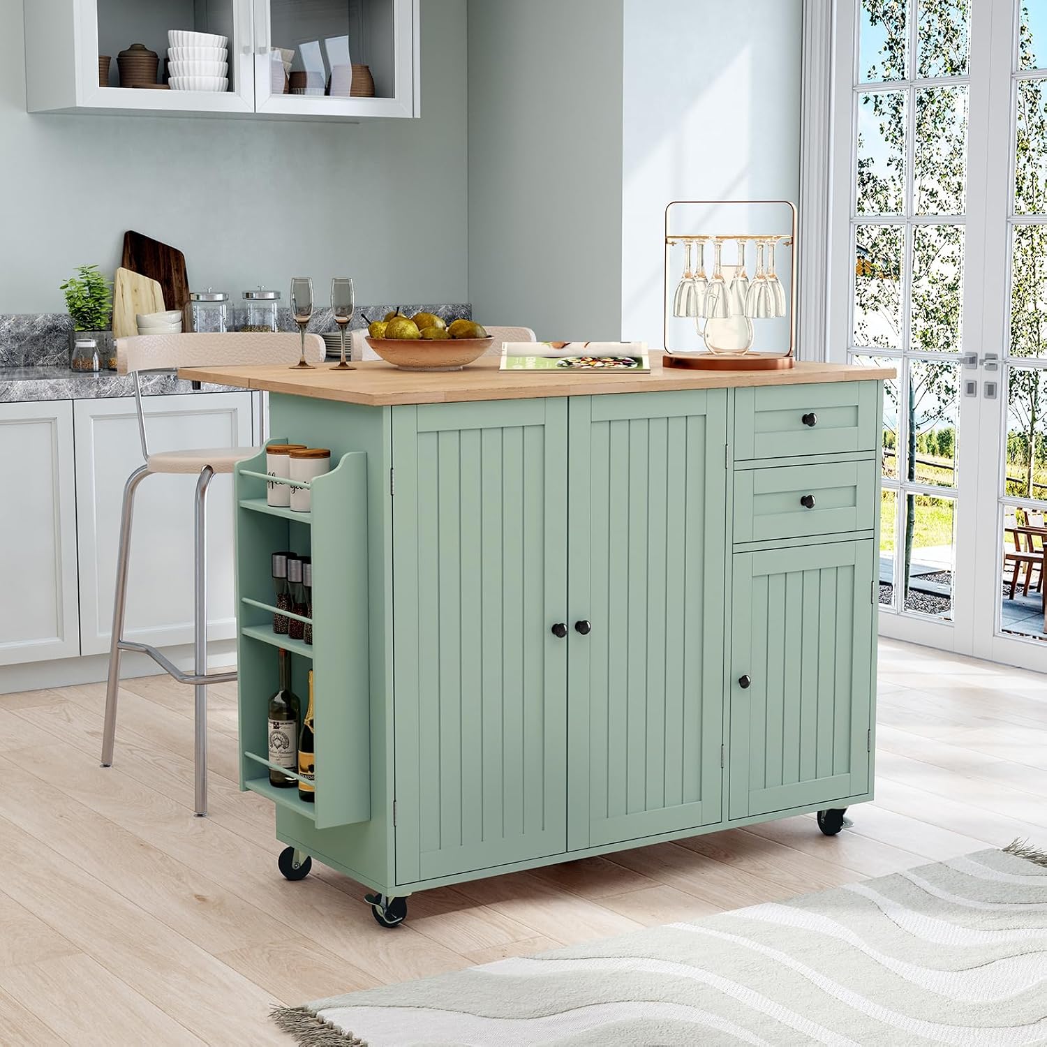 Sage Green Rolling Kitchen Island Cart