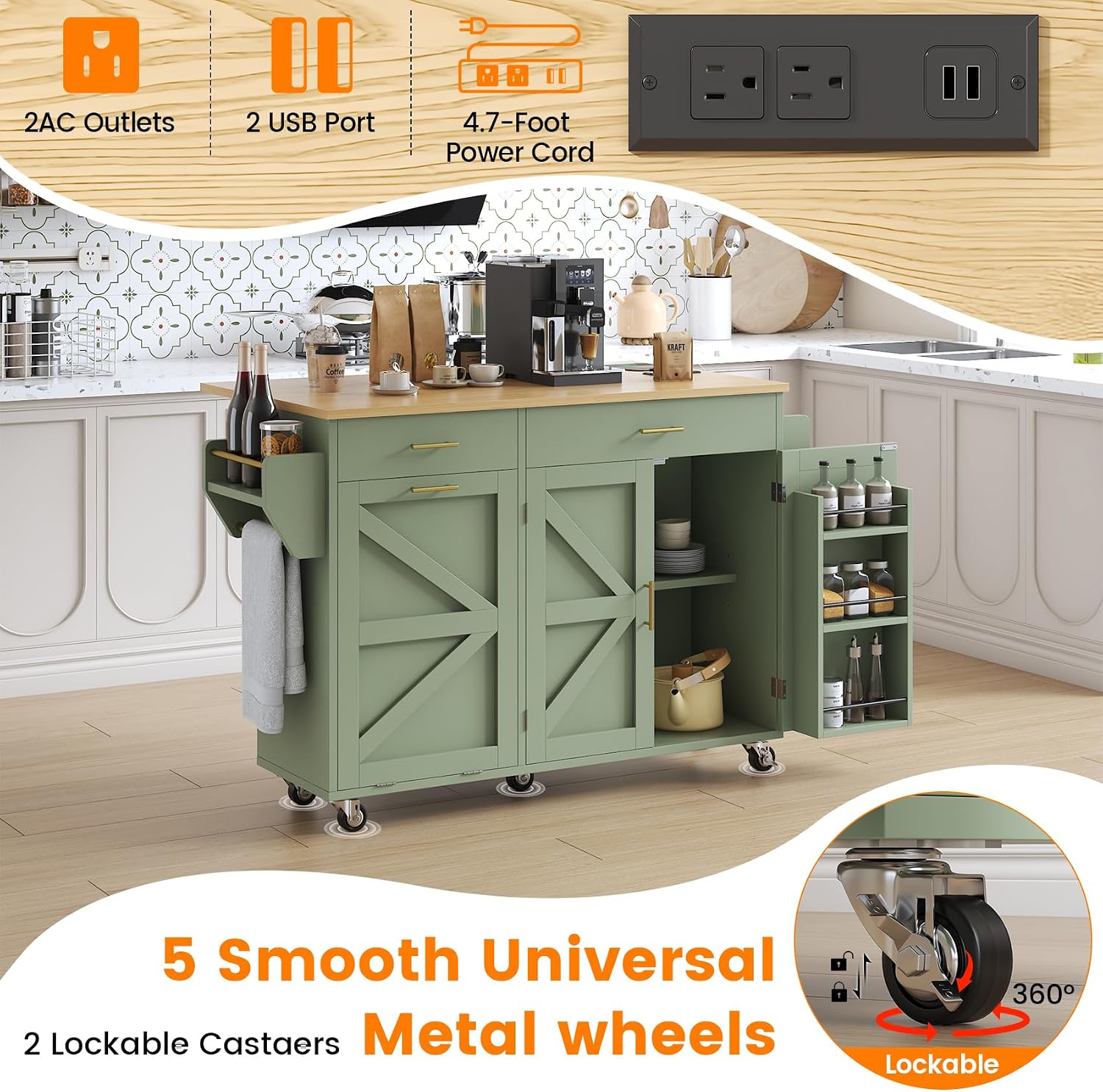 Rolling Kitchen Island Cart with Trash Storage