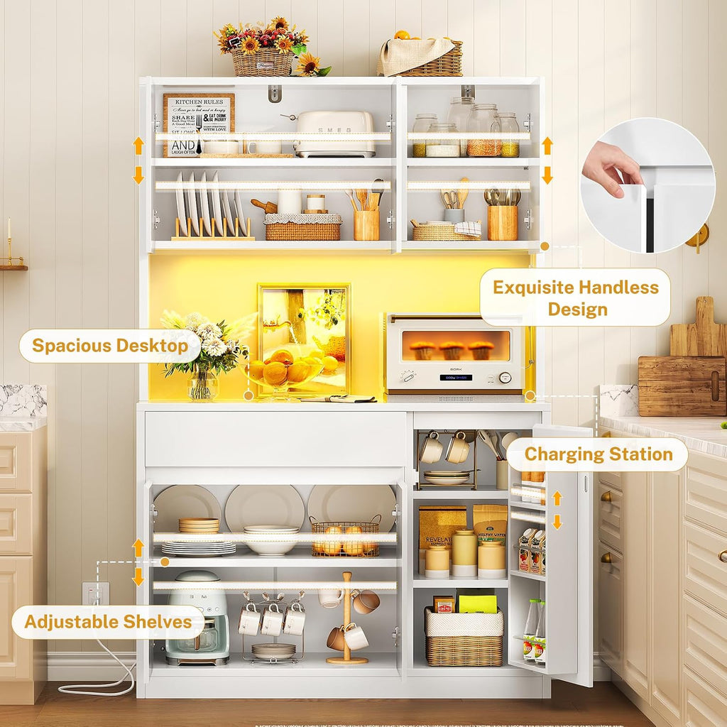 White LED Kitchen Pantry Hutch Cabinet