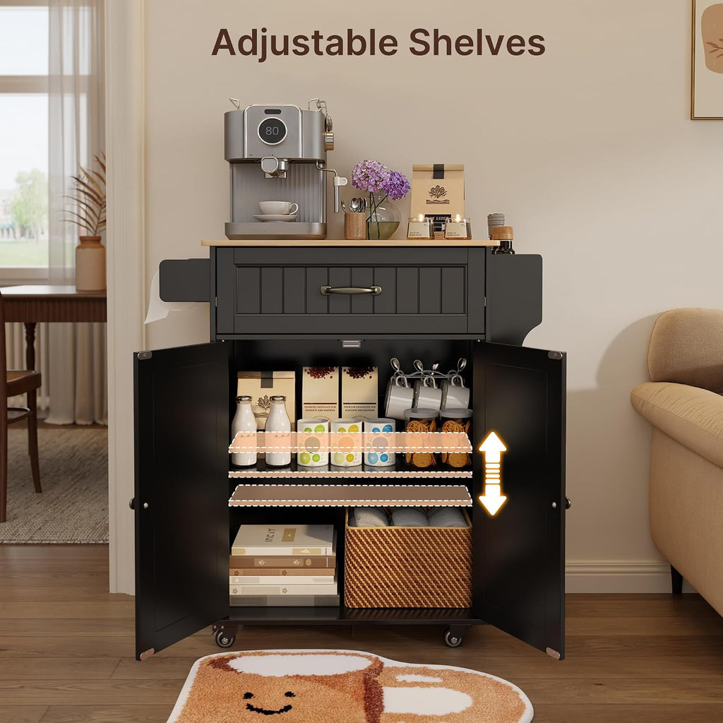 Black Rubberwood‑Top Kitchen Island Cart