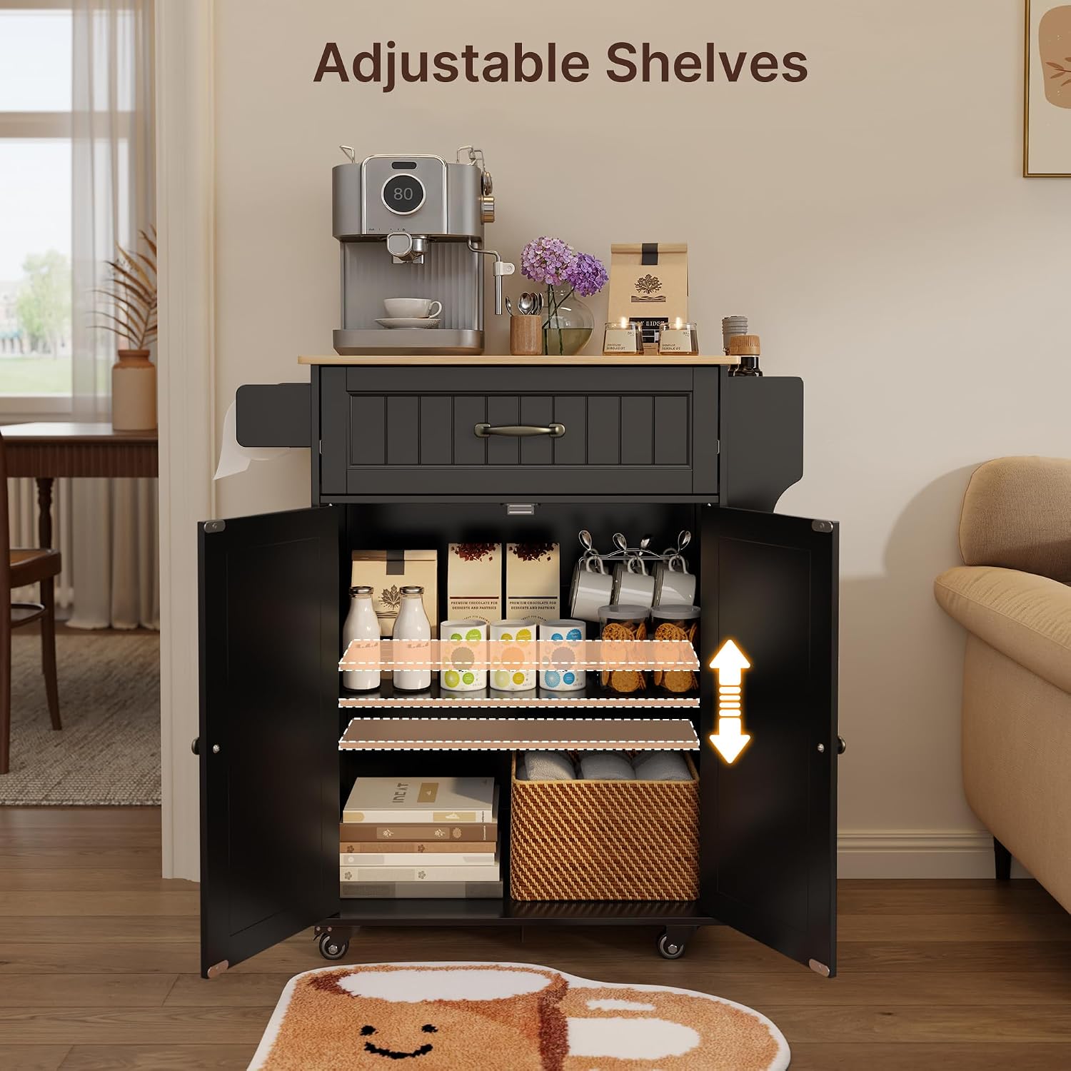Black Rubberwood‑Top Kitchen Island Cart