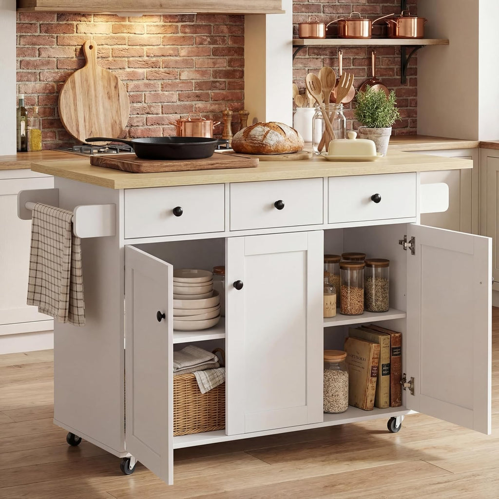 Butcher‑Block Top Rolling Kitchen Island Cart