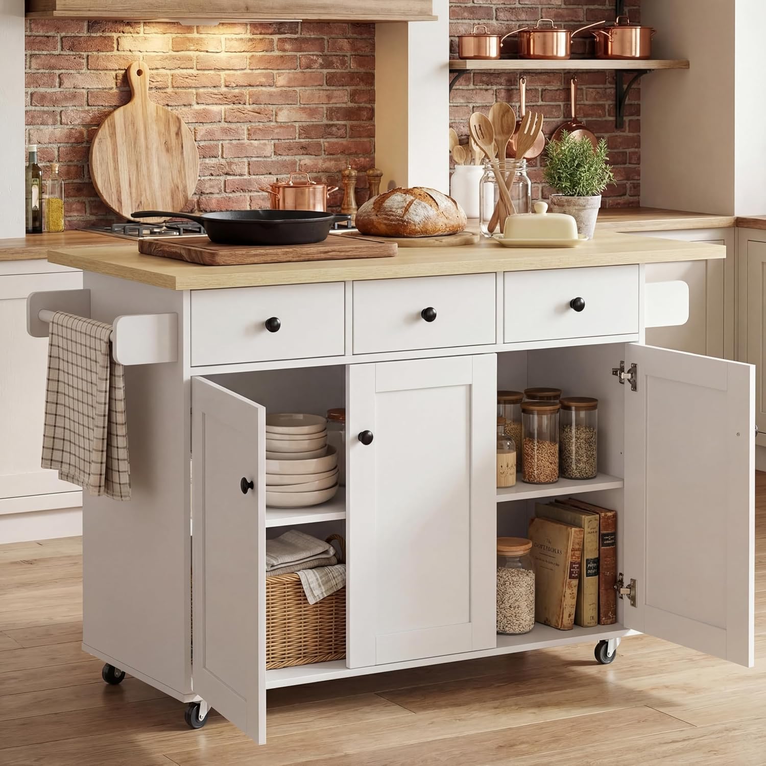 Butcher‑Block Top Rolling Kitchen Island Cart