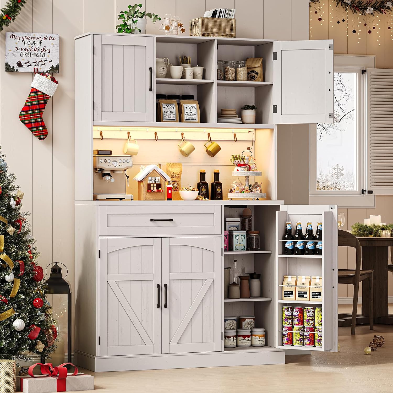 Off‑White Kitchen Hutch Pantry Cabinet