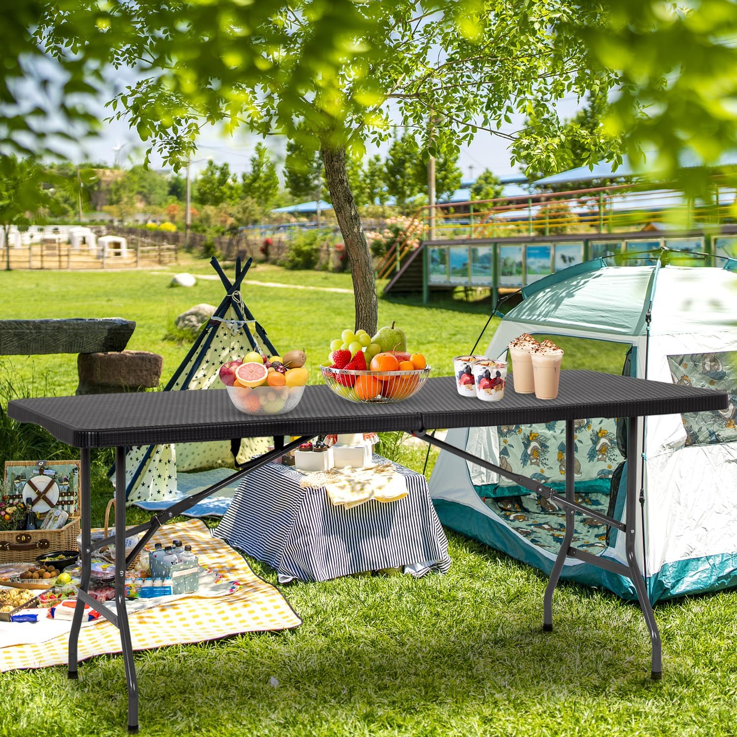 Black Rattan‑Look Folding Outdoor Table