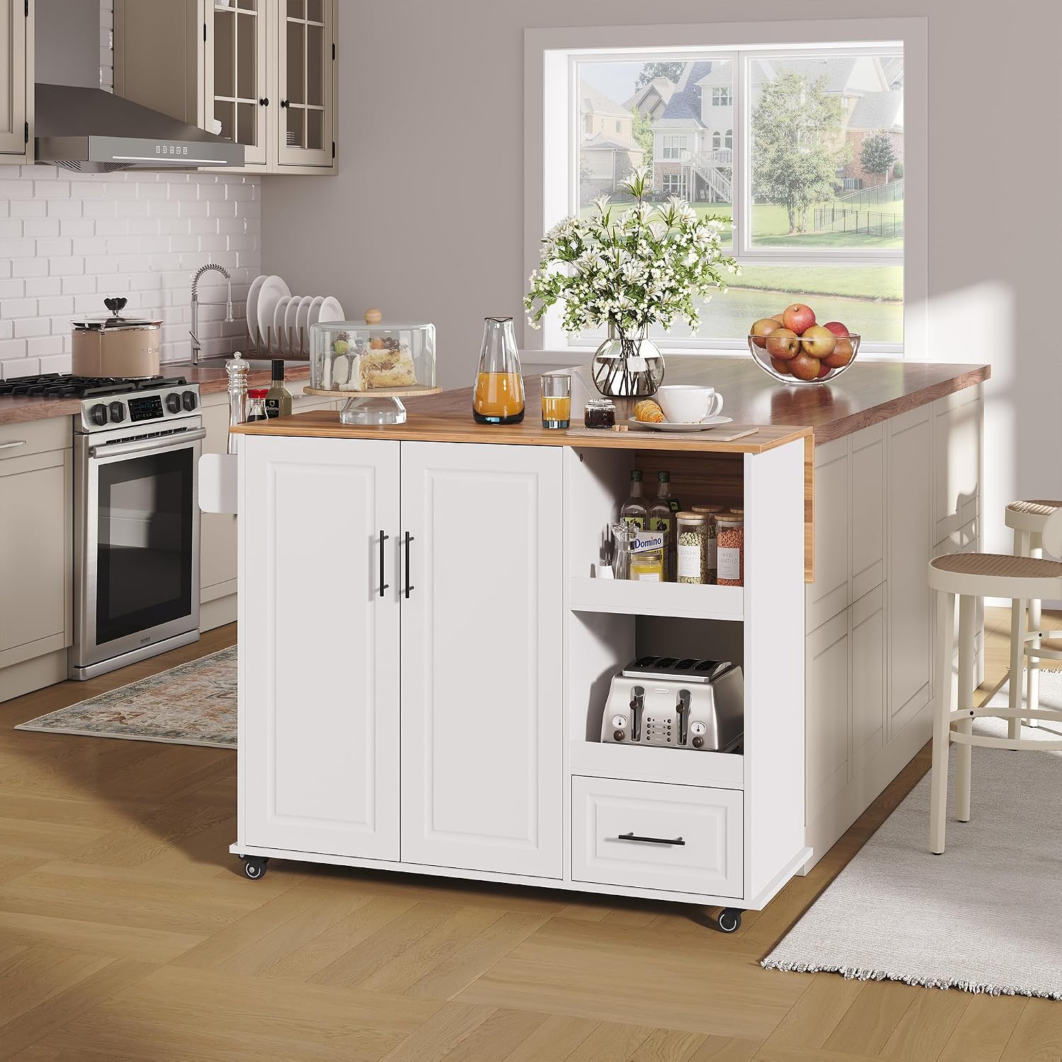 Wood‑Top Rolling Kitchen Island Cart