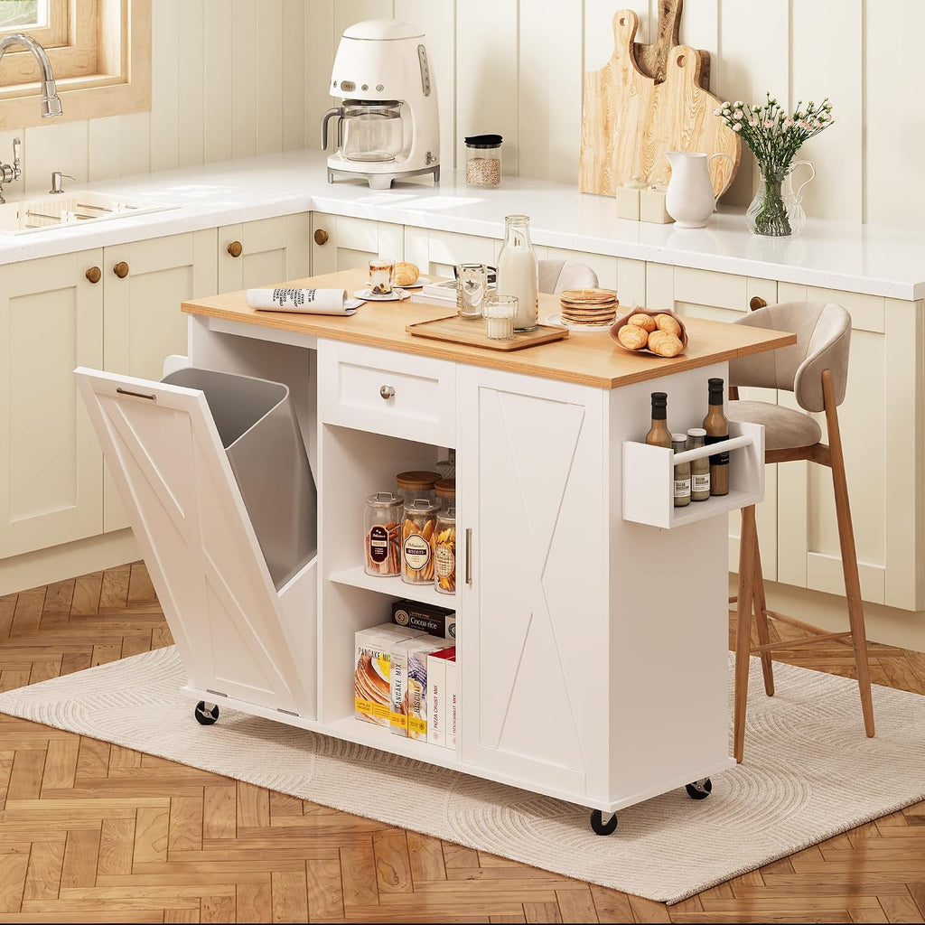 Rolling Kitchen Island Cart with Trash Storage