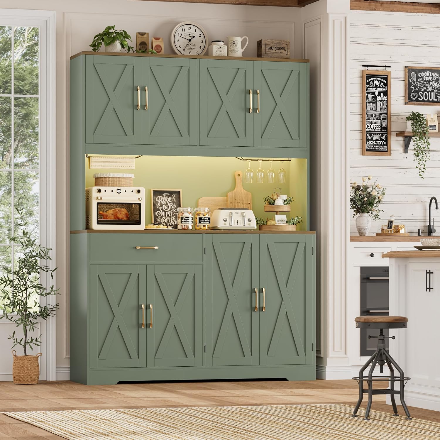 Green Farmhouse LED Kitchen Pantry Hutch