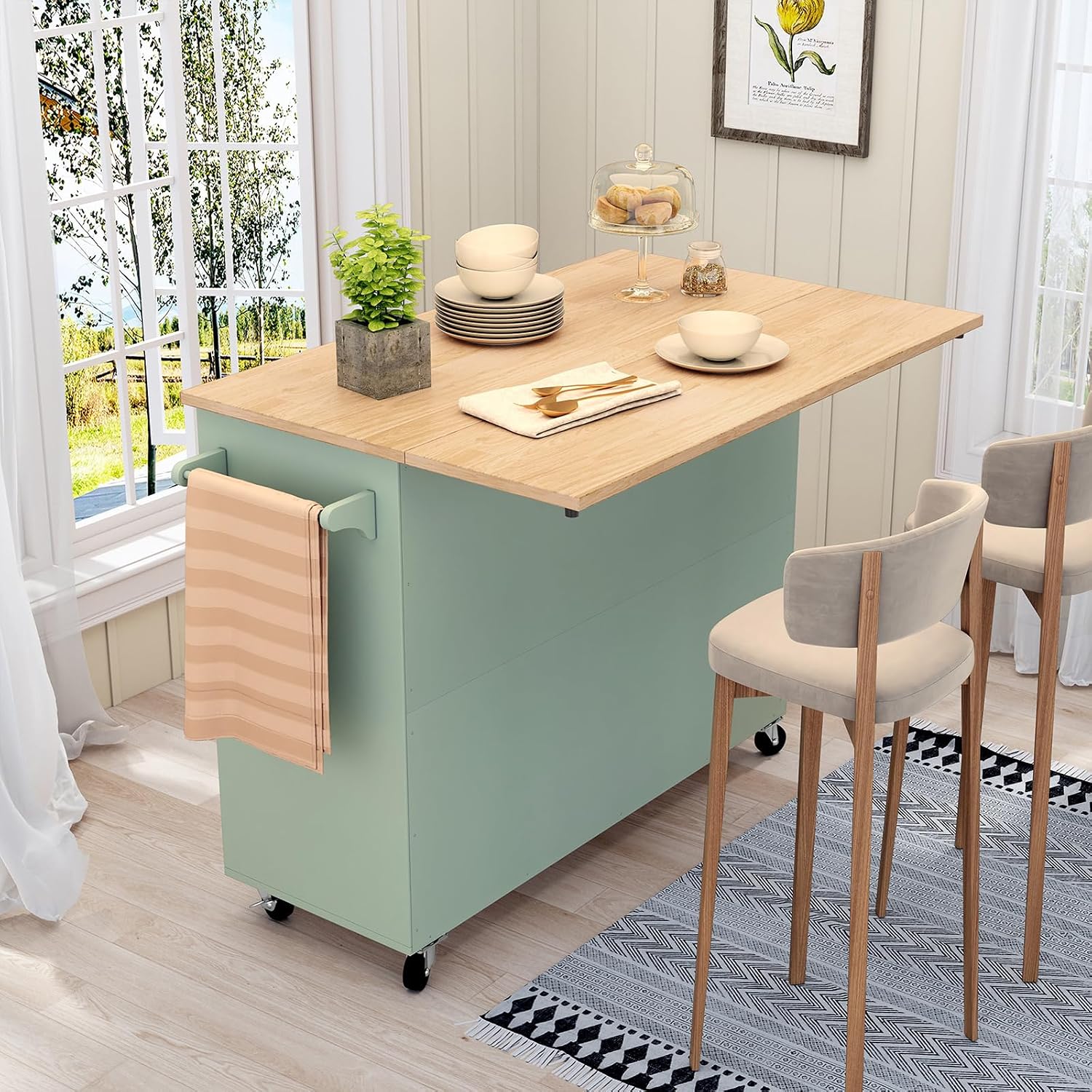 Sage Green Rolling Kitchen Island Cart