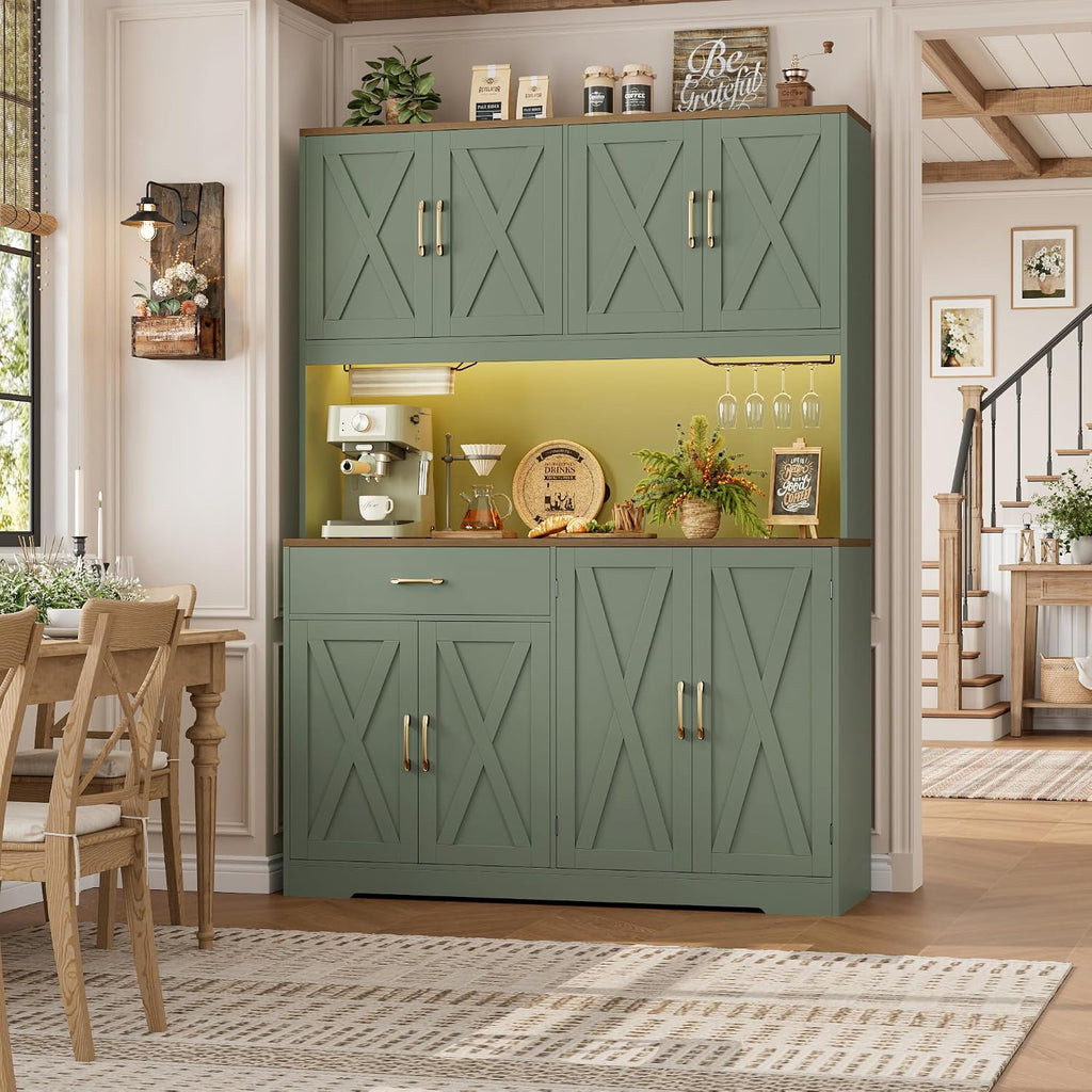 Green Farmhouse LED Kitchen Pantry Hutch