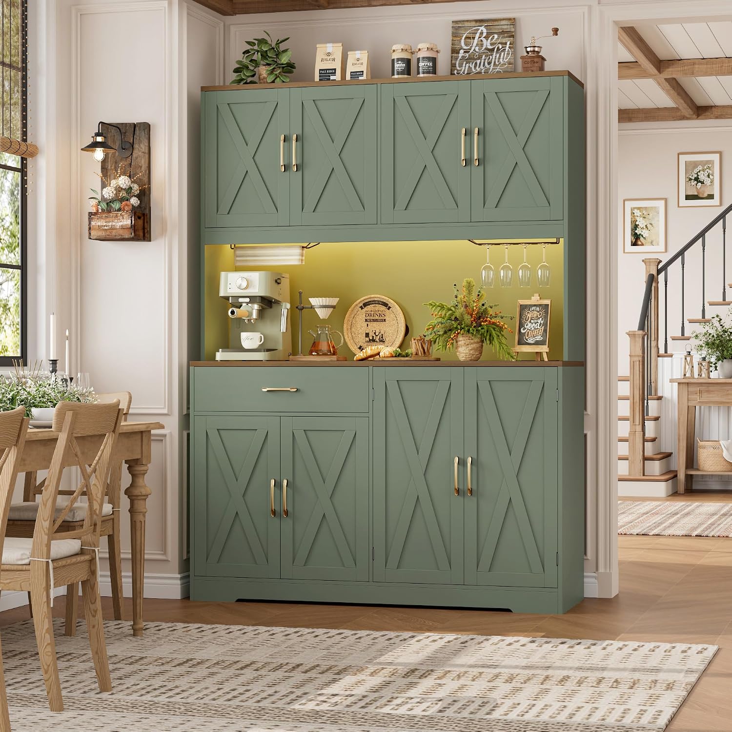 Green Farmhouse LED Kitchen Pantry Hutch
