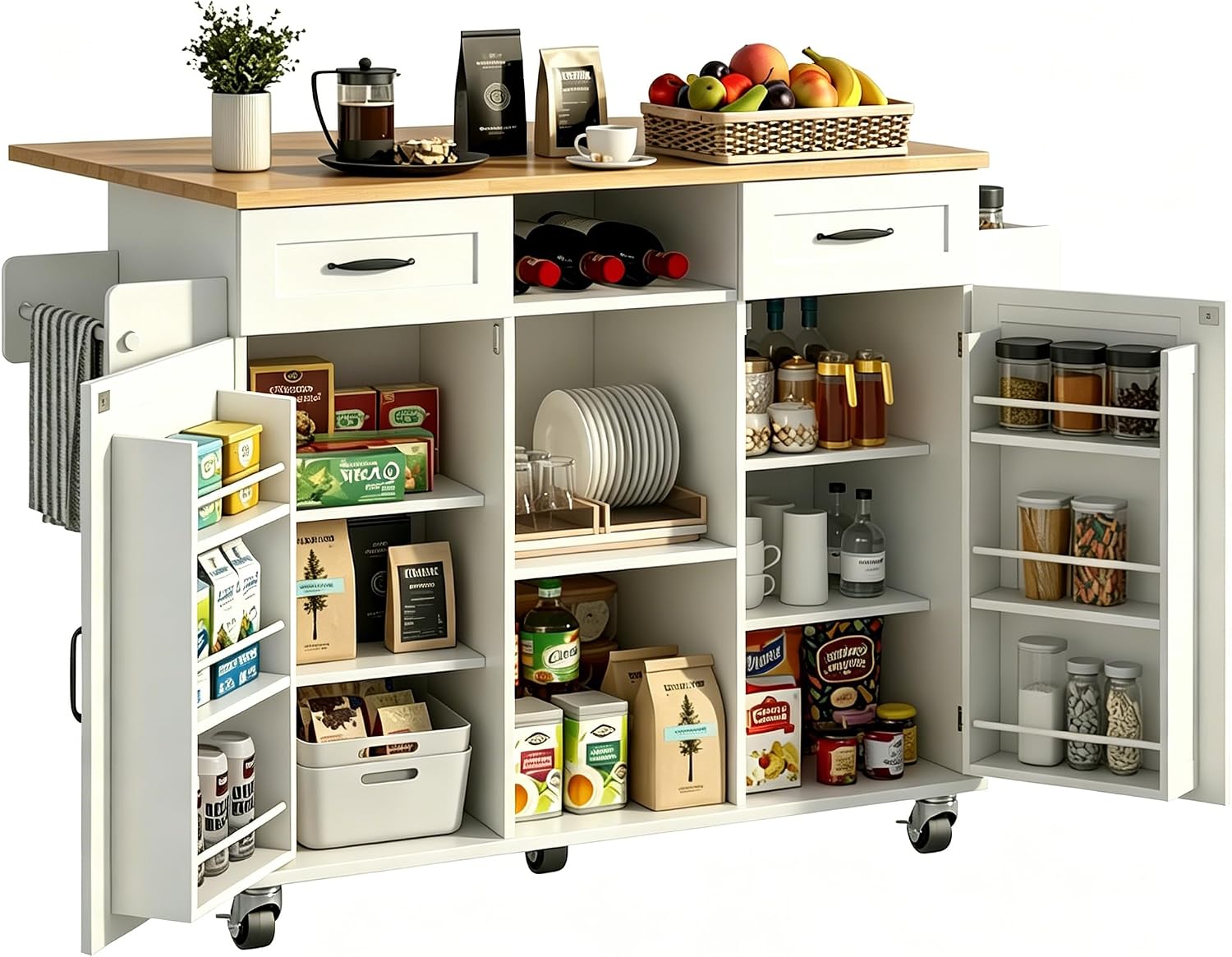 White Farmhouse Rolling Kitchen Island Cart