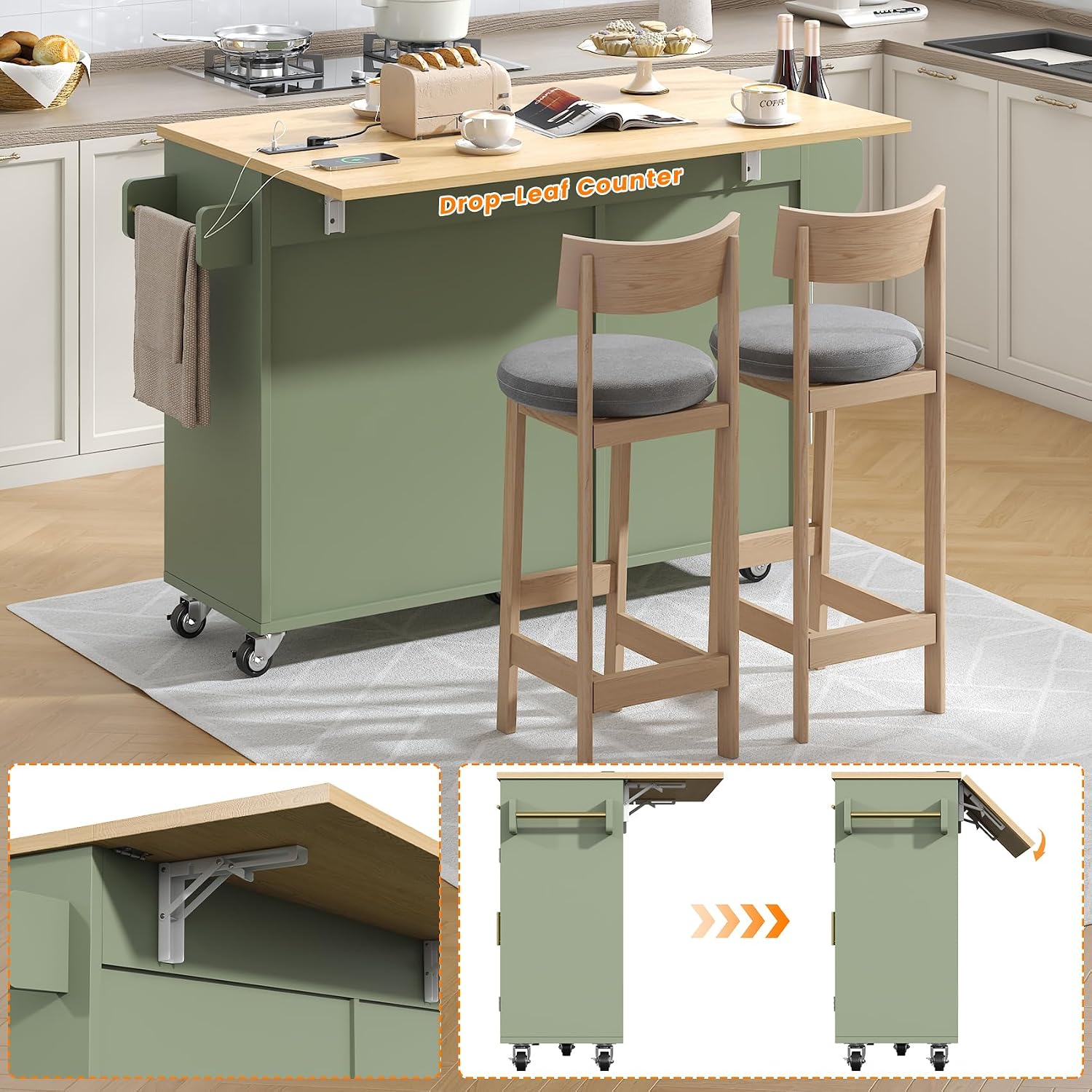 Rolling Kitchen Island Cart with Trash Storage