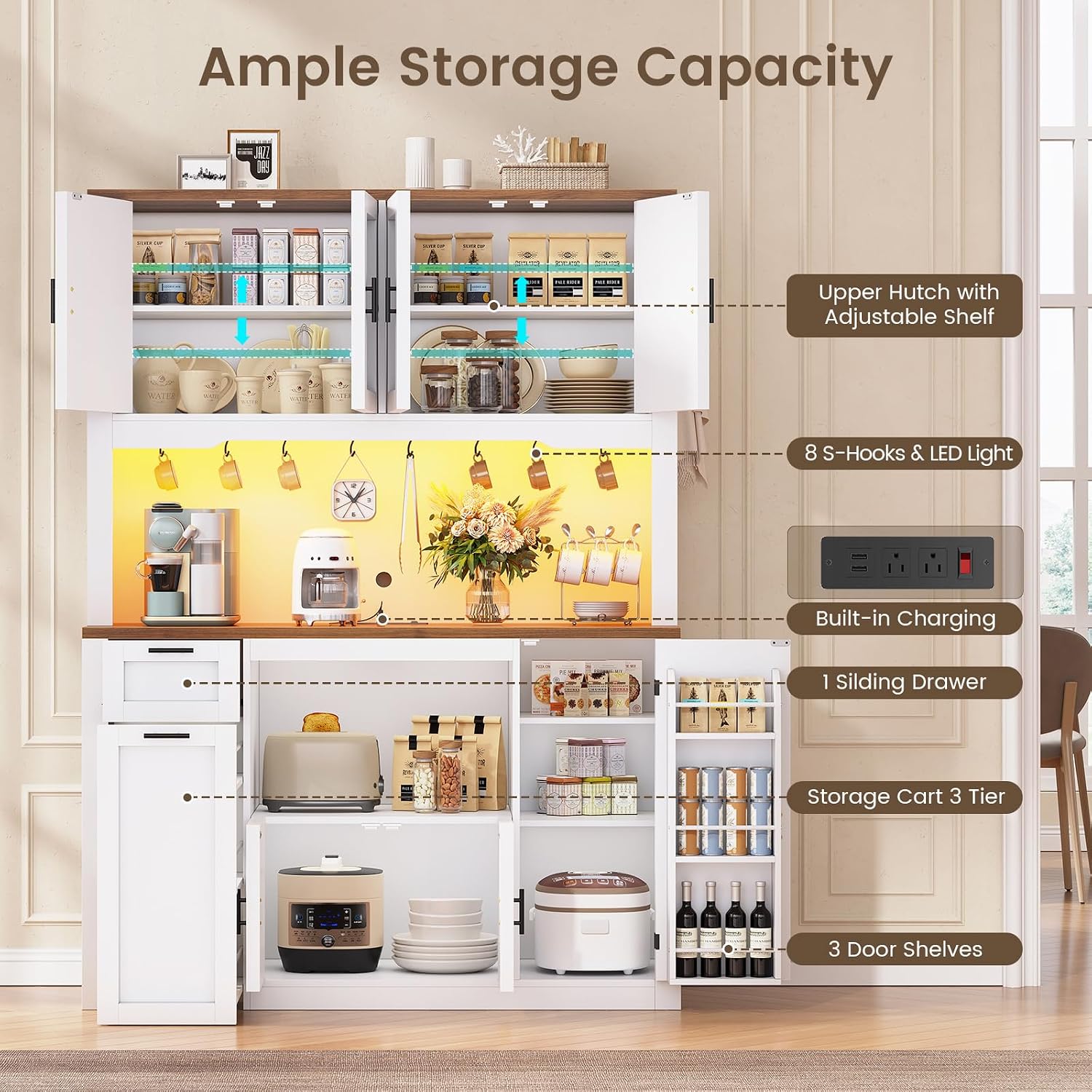 White LED Kitchen Pantry Hutch Cabinet