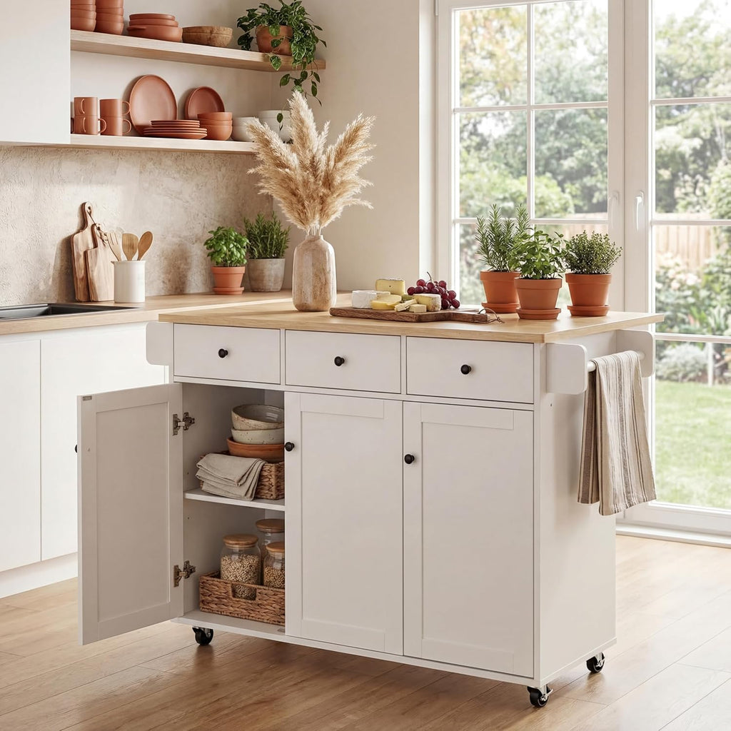 Butcher‑Block Top Rolling Kitchen Island Cart