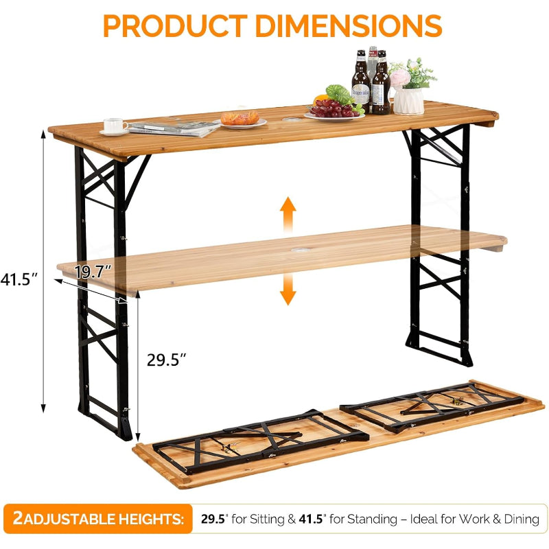 Wooden Height‑Adjustable Folding Picnic Table